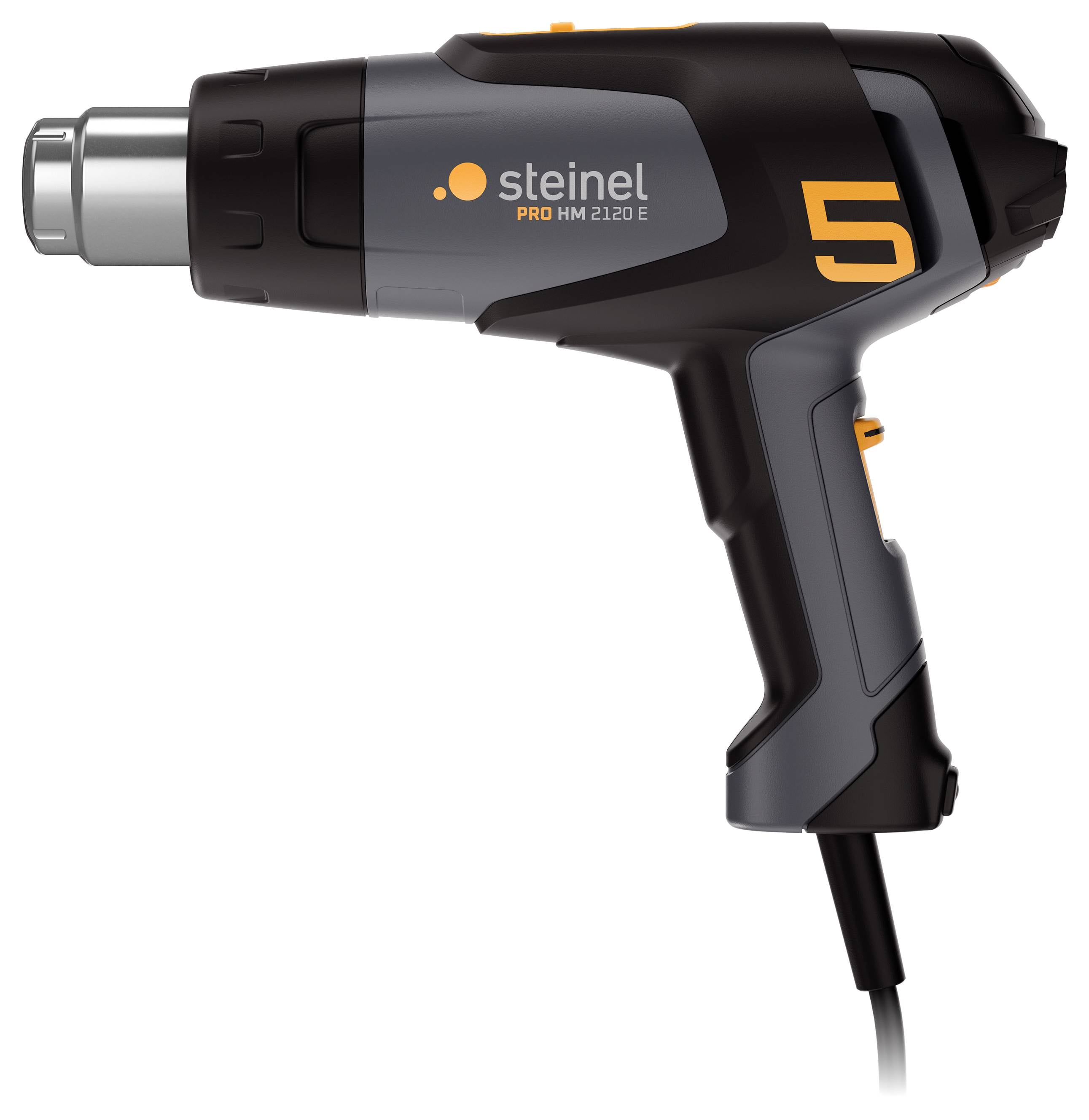 Eine schwarze Heißluftpistole mit grauen Details und der Nummer '5' in Orange. Markiert mit 'steinel PRO HL 2120 E'.