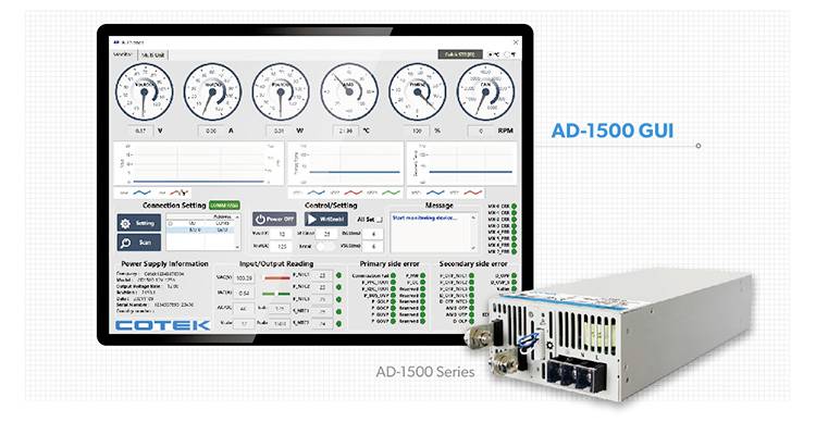 'Anzeige eines Kontrollsystems mit mehreren Messinstrumenten und Statistiken. Rechts daneben ein elektronisches Gerät AD-1500.'