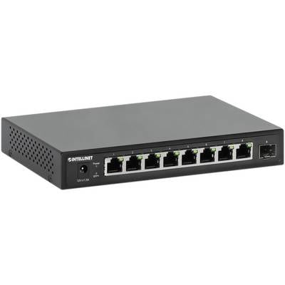 Ein schwarzer Netzwerk-Switch mit acht Ethernet-Ports und einem zusätzlichen Glasfaser-Port. LED-Anzeigen für jeden Port.