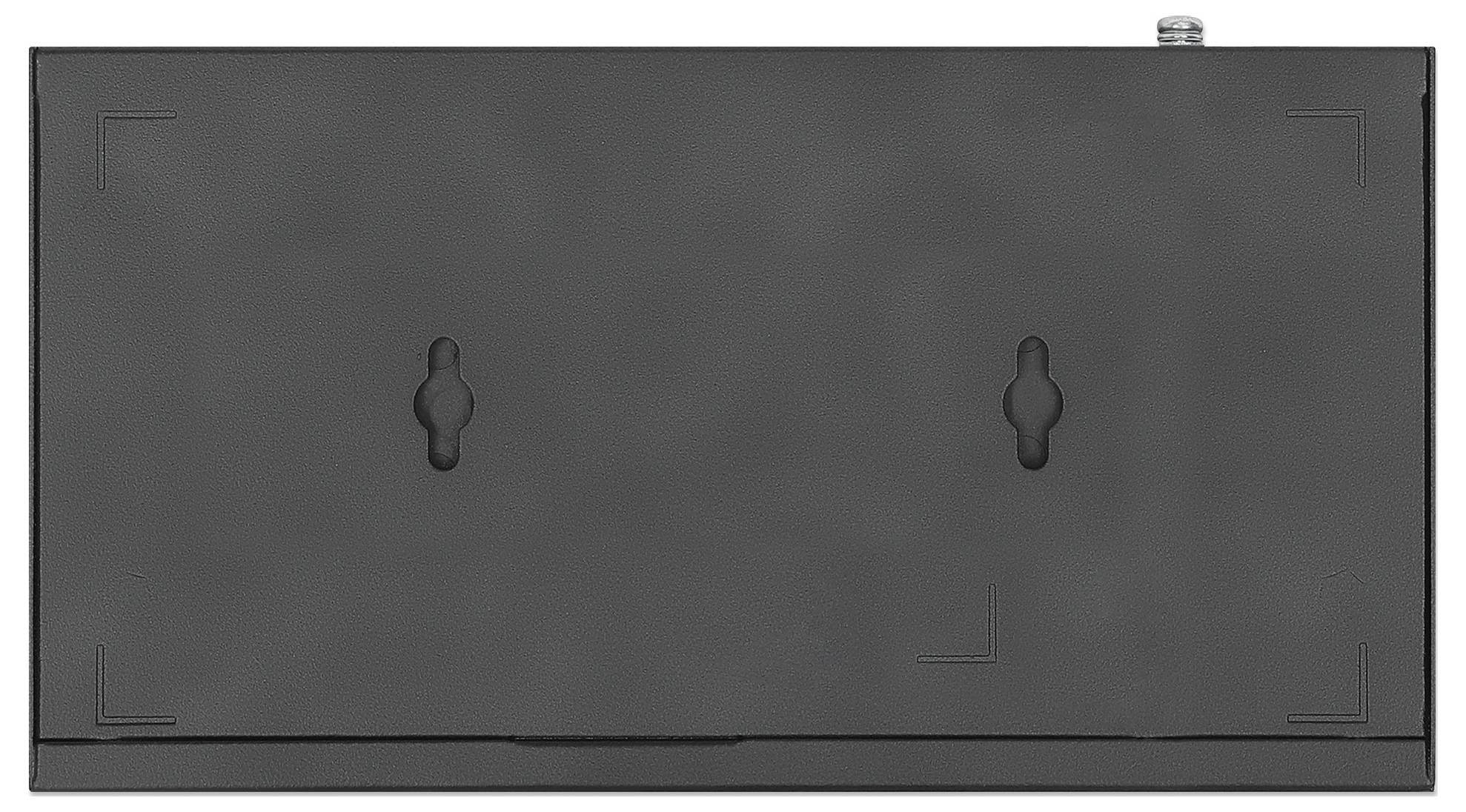 Eine rechteckige, schwarze Metallplatte mit zwei zentrierten, tropfenförmigen Vertiefungen. Oben rechts ist eine kleine Schraube sichtbar.