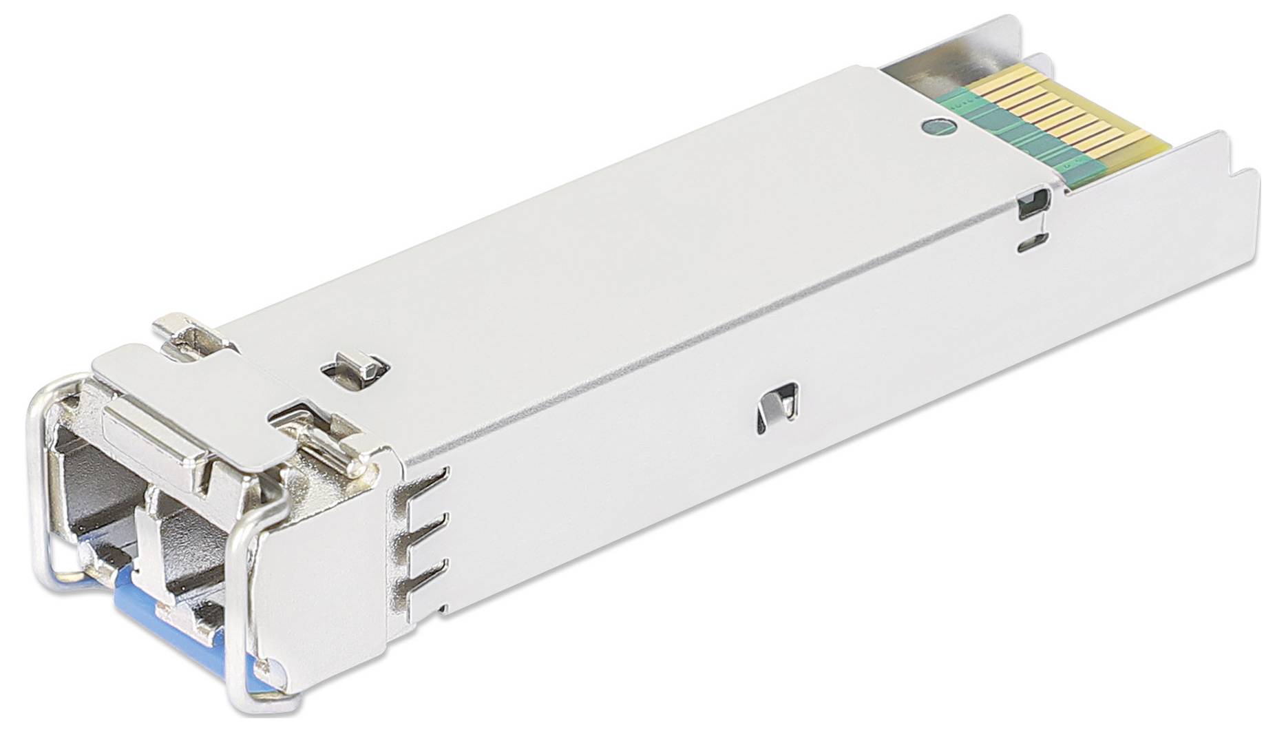 Ein silbernes, rechteckiges SFP-Modul für Netzwerkanwendungen mit goldenen Anschlusskontakten und metallischem Gehäuse.