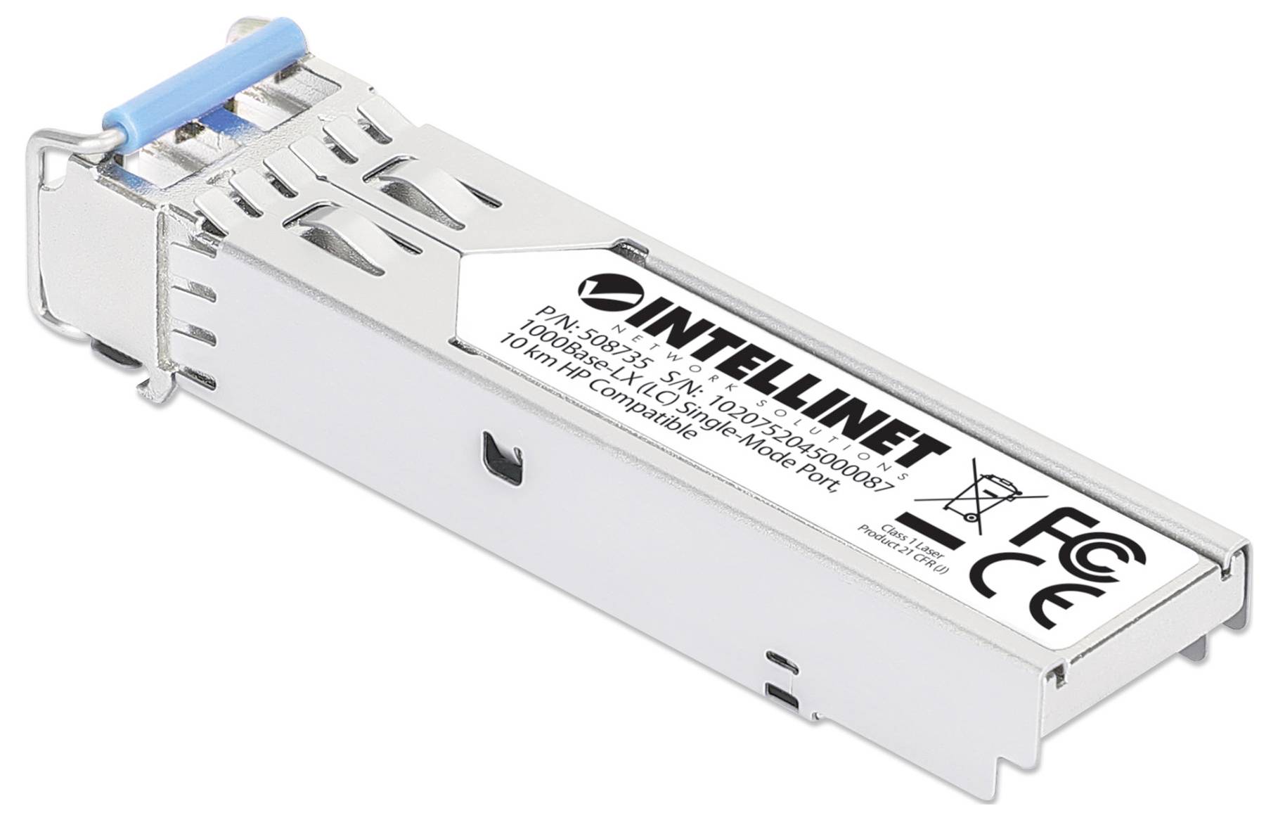 Ein SFP-Modul von Intellinet, Modell 10GBASE-SR, geeignet für Glasfaserverbindungen, mit CE- und FCC-Zertifizierungssymbolen.