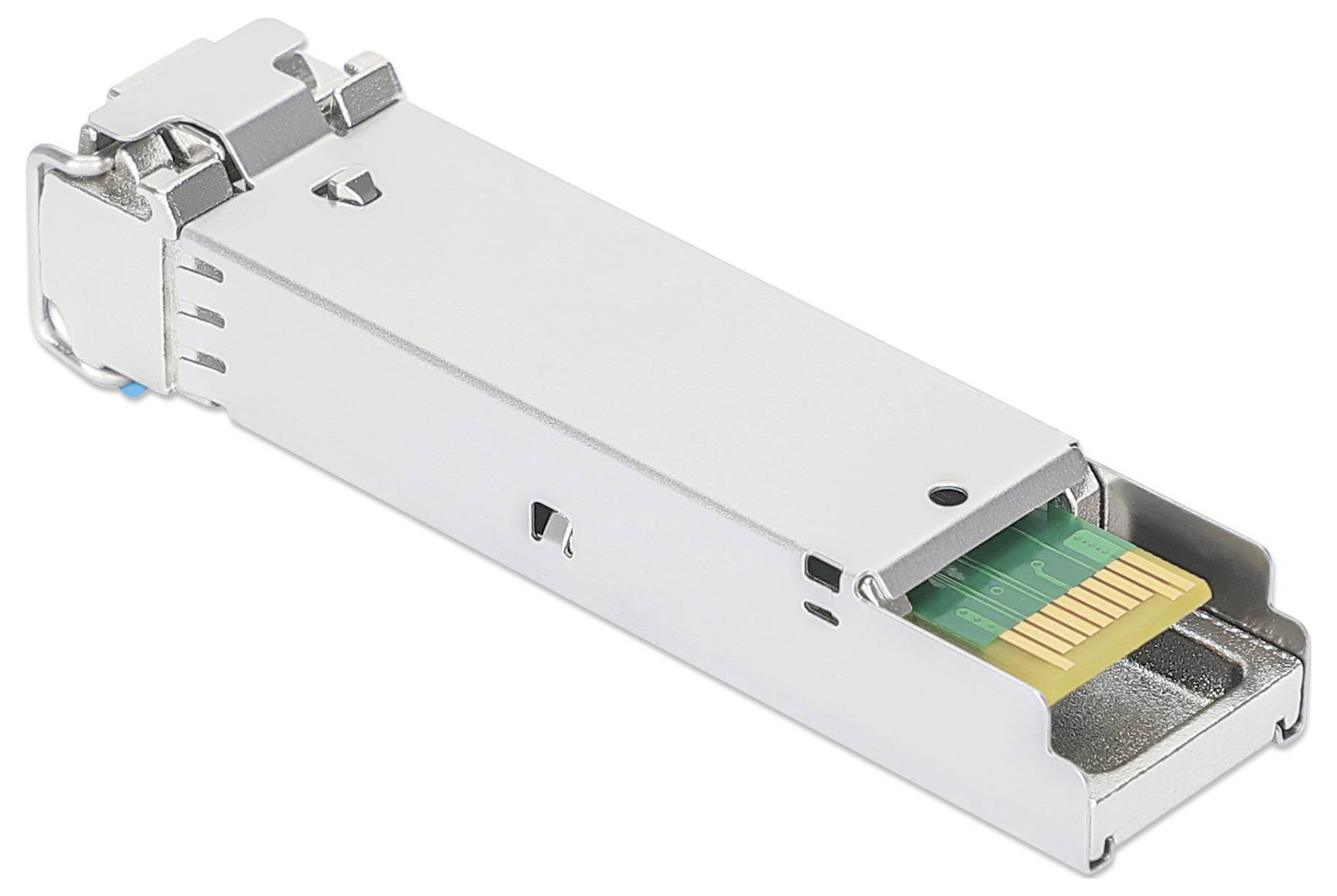 Ein SFP-Modul mit Metallgehäuse, zeigt die Anschlussseite mit goldenen Kontakten. Es wird in Netzwerkhardware zur Datenübertragung eingesetzt.