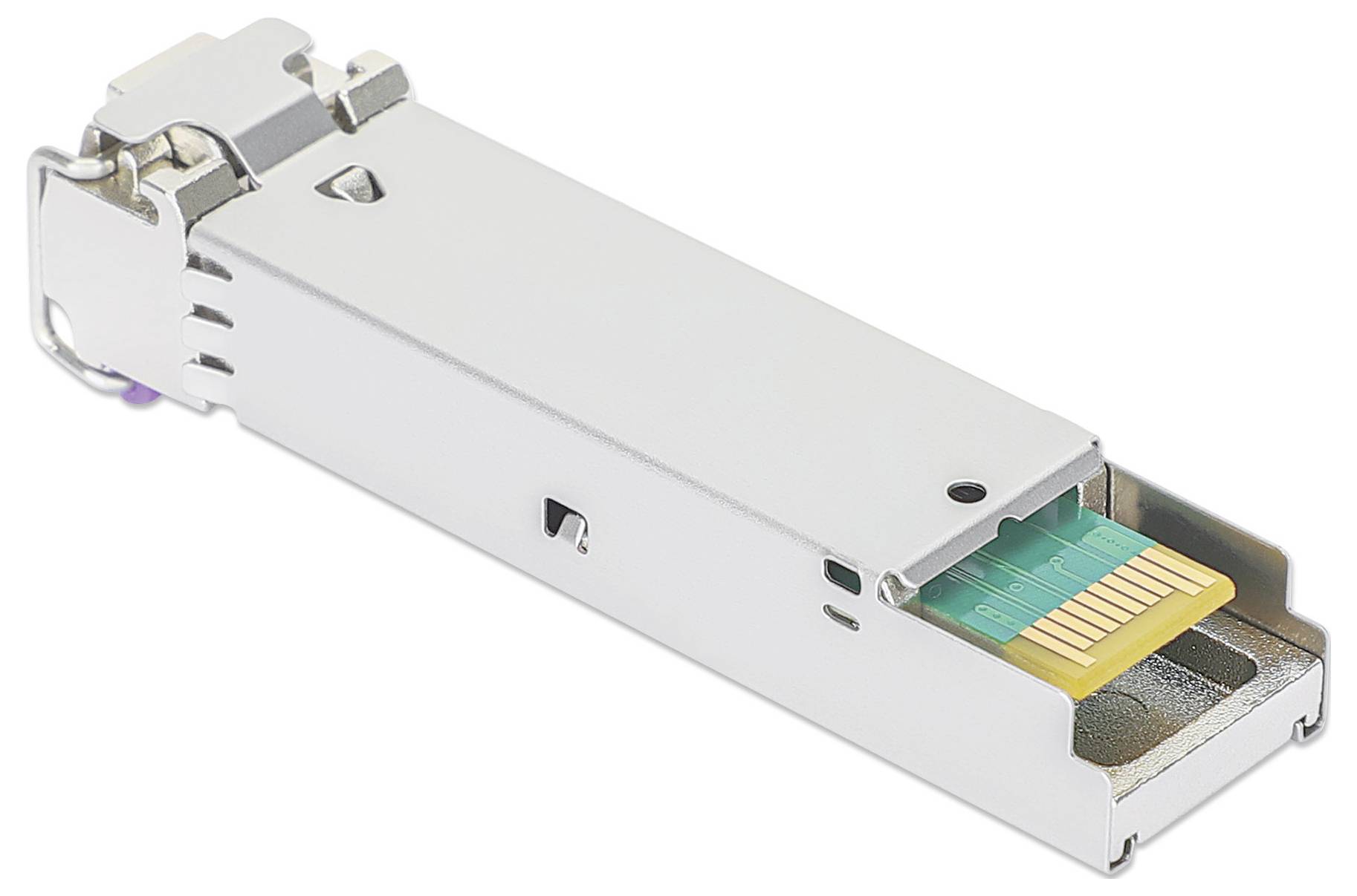 Ein silbernes optisches Transceiver-Modul mit sichtbaren Kontaktflächen, das zur Übertragung von Daten in Netzwerken verwendet wird.
