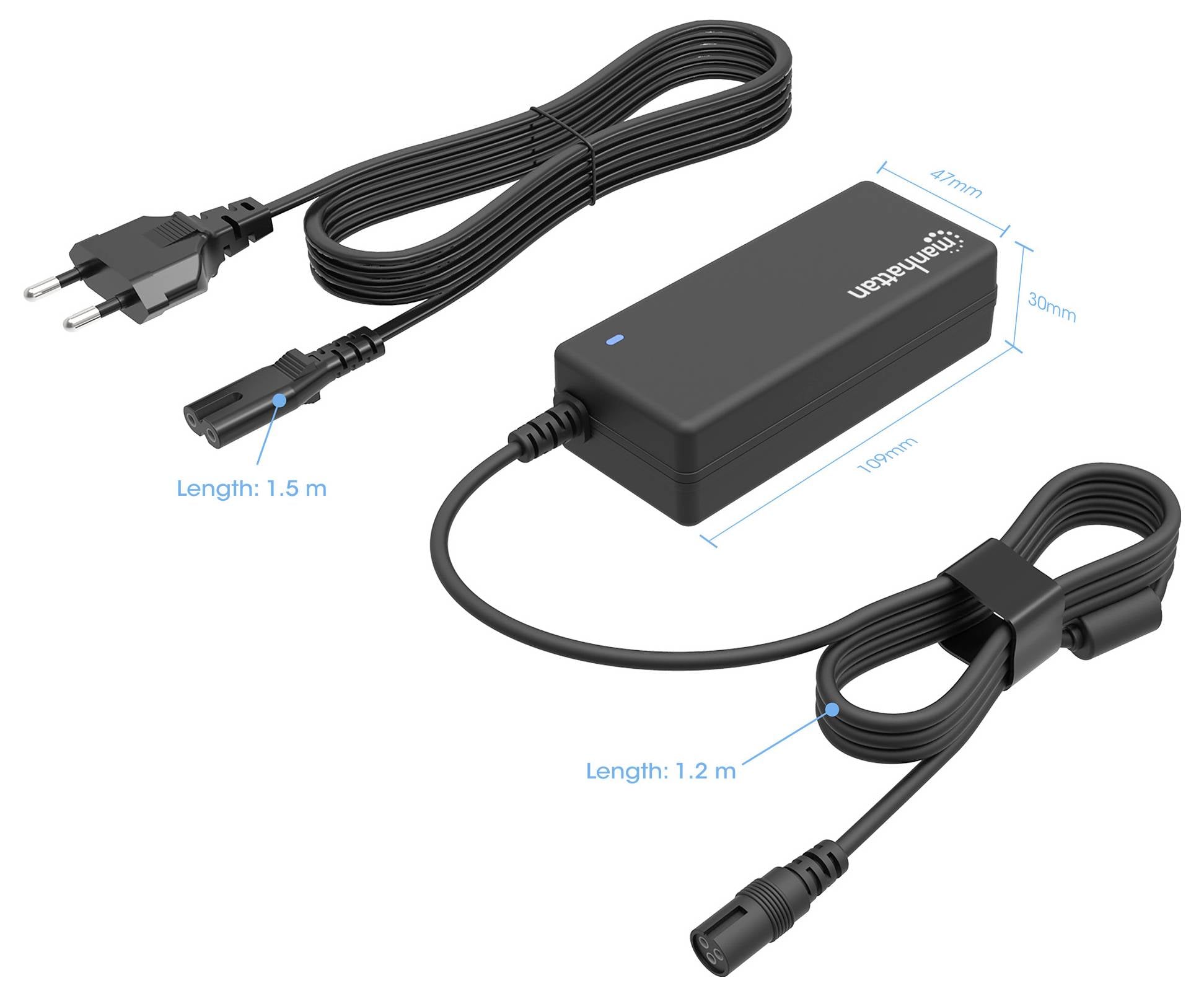 Stromadapter mit zwei Kabeln. Eins ist 1,5 m lang mit zweipoligem Stecker, das andere 1,2 m lang mit rundem Anschluss. Adaptermaße: 47x30x110 mm.