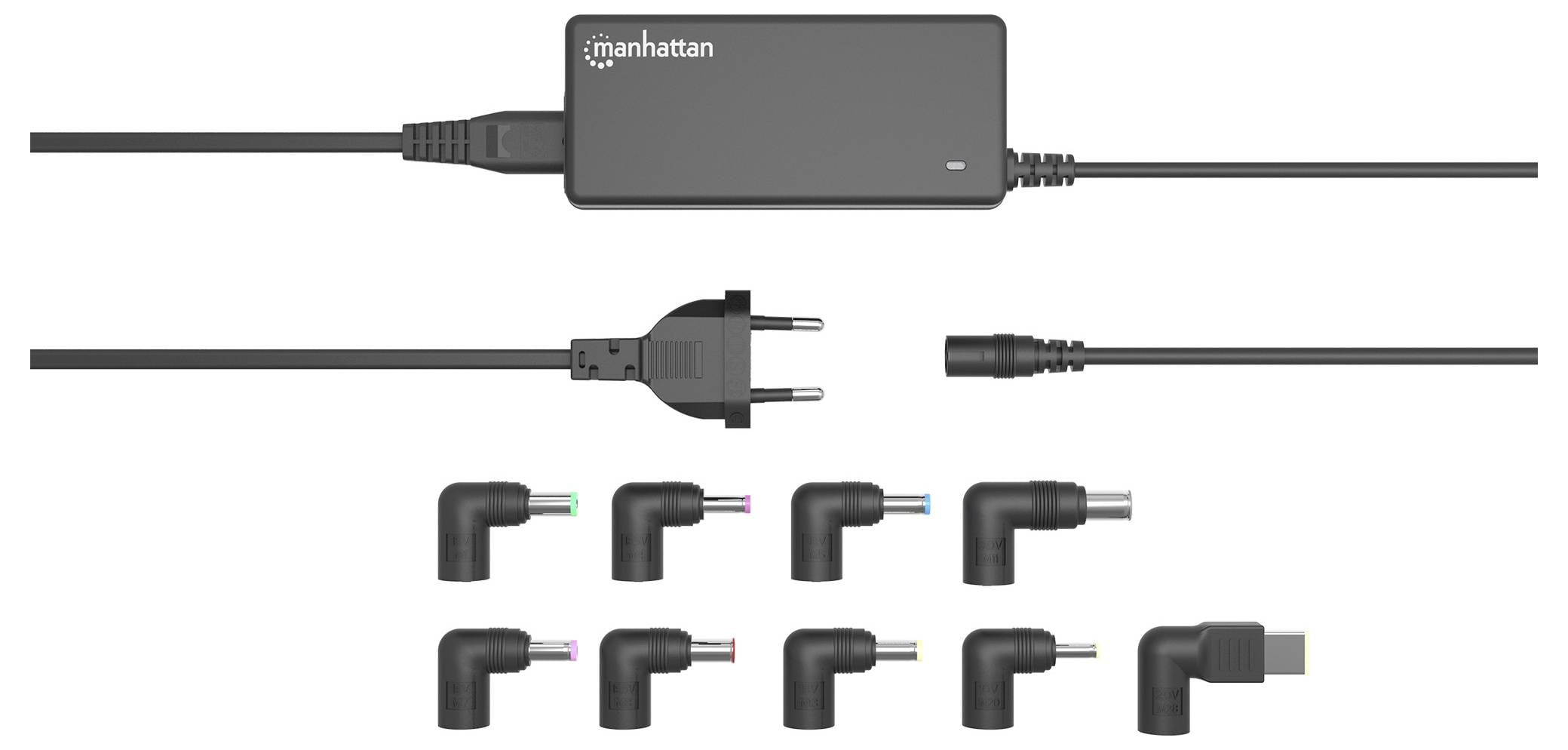 Ein universelles Netzteil mit mehreren austauschbaren Steckern und europäischem Steckeradapter, geeignet für verschiedene Geräte.