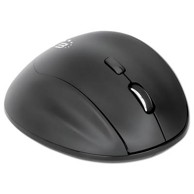 Schwarze, drahtlose Computermaus mit zwei Tasten und einem Scrollrad, geeignet für den täglichen Gebrauch am Computer.