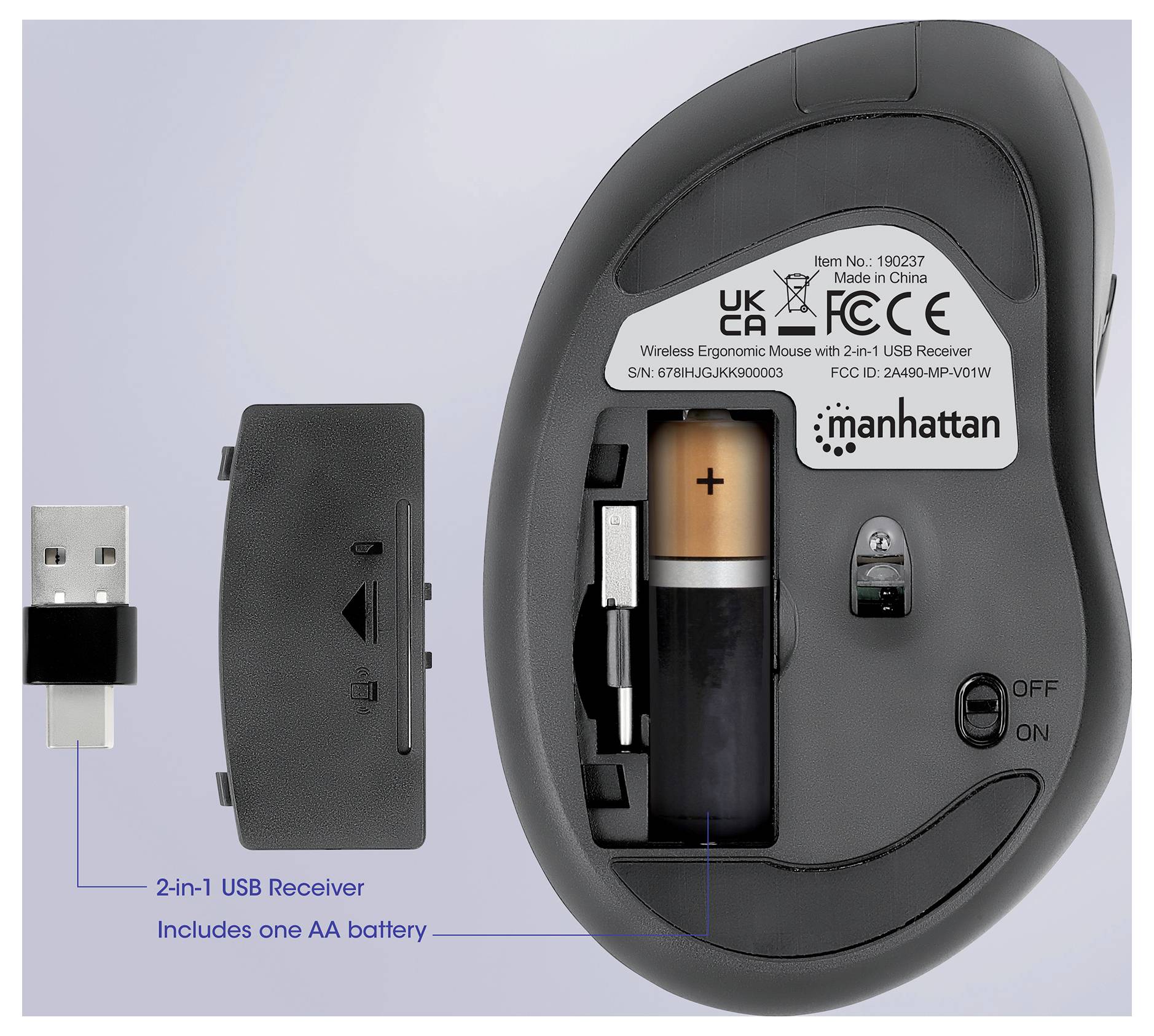 Ergonomische kabellose Maus mit USB-Empfänger und AA-Batterie. Rückansicht zeigt Batteriefach und Empfängerslot. Hersteller: Manhattan.
