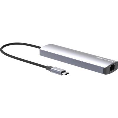 Ein silberner USB-C-Adapter mit einem Ethernet-Anschluss, verbunden durch ein schwarzes Kabel, geeignet für Netzwerkverbindungen.
