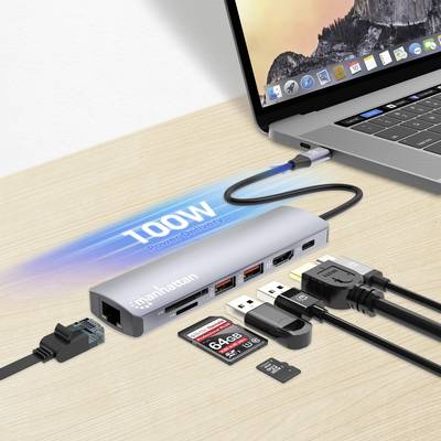 Laptop mit angeschlossenem USB-Hub. Mehrere Geräte sind verbunden: USB-Stick, Speicherkarten, HDMI, Netzwerk- und Stromkabel.