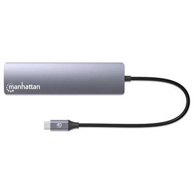 Ein grauer USB-C-Hub von 'Manhattan' mit mehreren Anschlüssen und einem kurzen Kabel, geeignet für erweiterte Konnektivität.