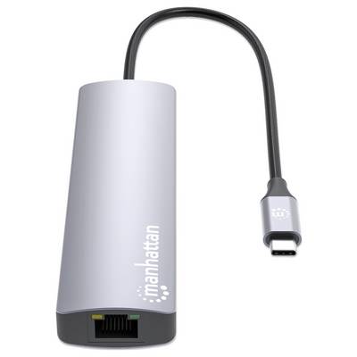 Ein silberner USB-C-auf-Ethernet-Adapter von Manhattan mit einem Ethernet-Anschluss und einem geflochtenen Kabel, das in den USB-C-Stecker mündet.