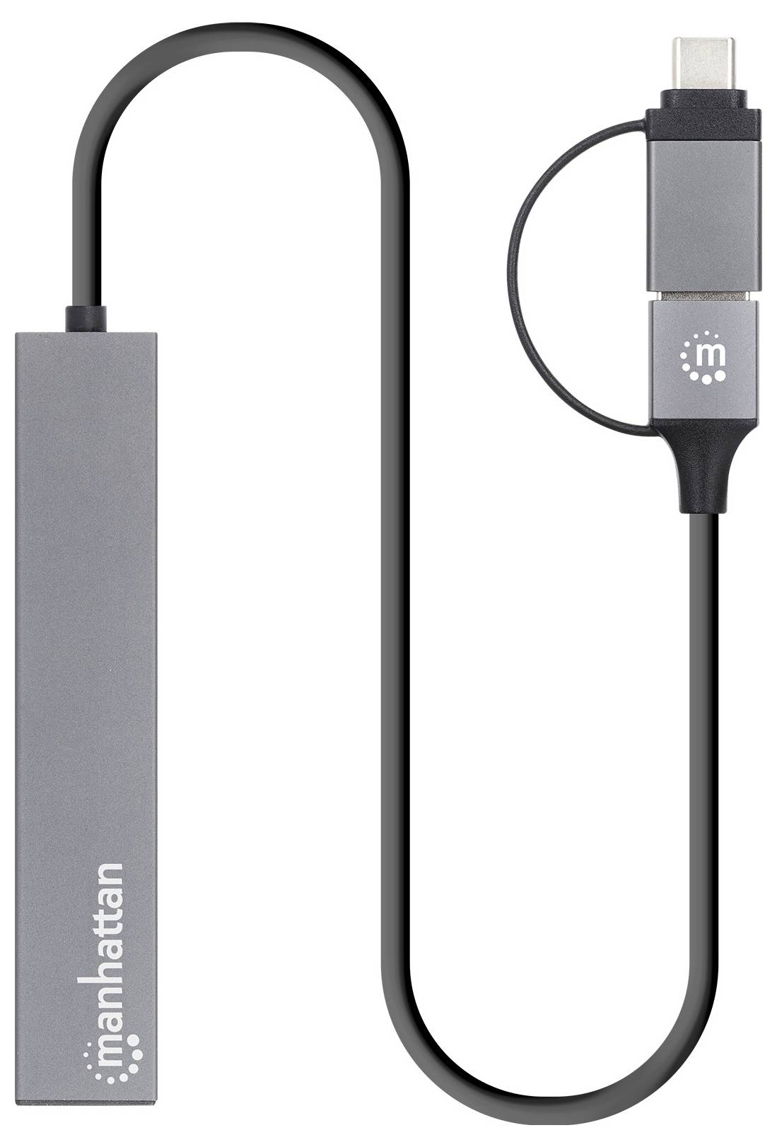 USB-C-Ethernet-Adapter mit grauem Gehäuse und schwarzem Kabel. Auf dem Adapter steht 'manhattan'.