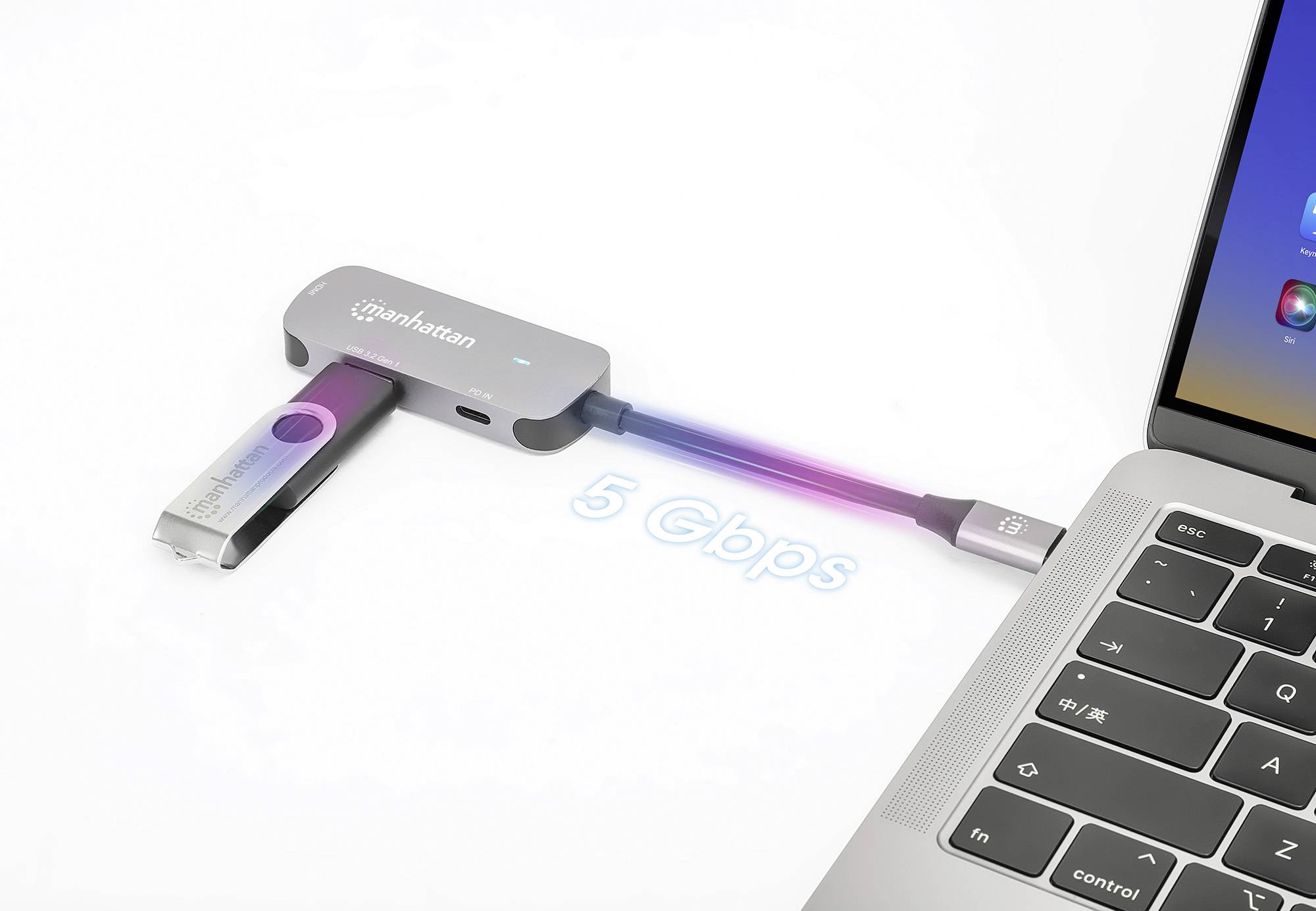 Ein USB-Hub ist an einen Laptop angeschlossen, verbindet zwei USB-Geräte. Text darunter zeigt '5 Gbps', was die Übertragungsgeschwindigkeit angibt.
