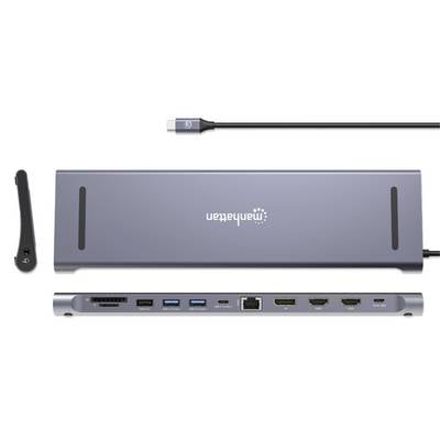 USB-C-Dockingstation mit mehreren Anschlüssen: SD-Kartenleser, USB-Anschlüsse, Ethernet, HDMI. Ideal für Laptops.