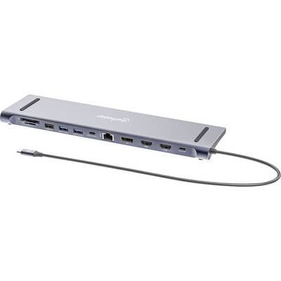 Ein schlanker Laptop-Dockingstation-Adapter mit mehreren Anschlüssen, darunter USB, Ethernet und HDMI, sowie einem USB-C-Kabel.