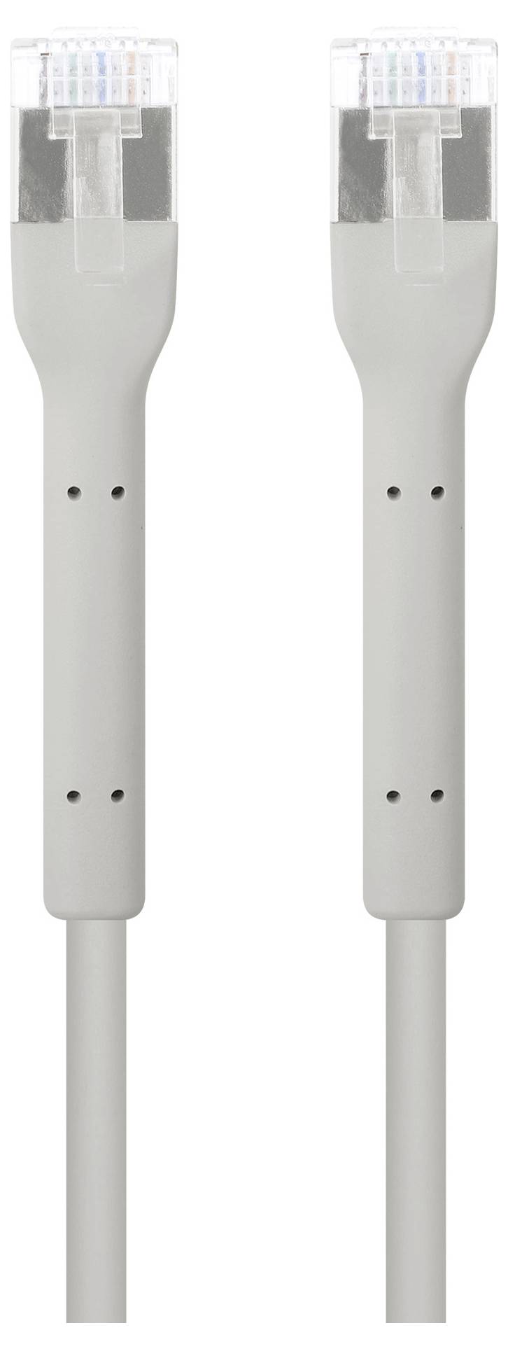 Ein graues Ethernet-Kabel mit zwei RJ-45-Steckern.