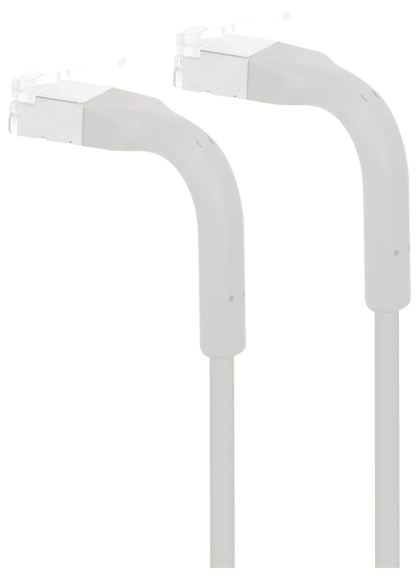Zwei weiße Ethernet-Kabel mit abgewinkelten Steckern, geeignet für platzsparende Verbindungen in engen Räumen.