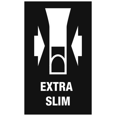 Pfeilfigur mit Text 'Extra Slim', der auf eine schlanke Form oder Passform hinweist.