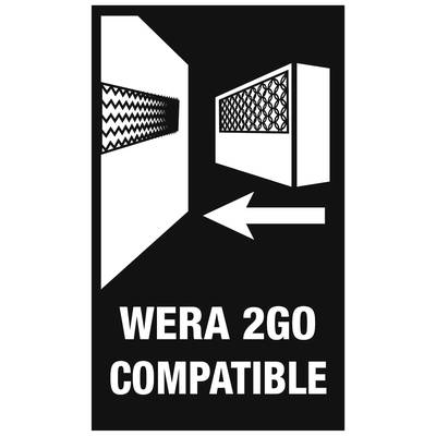 'Schwarz-weißes Piktogramm zeigt rechteckige Objekte mit Pfeil nach links. Text: WERA 2GO COMPATIBLE.'