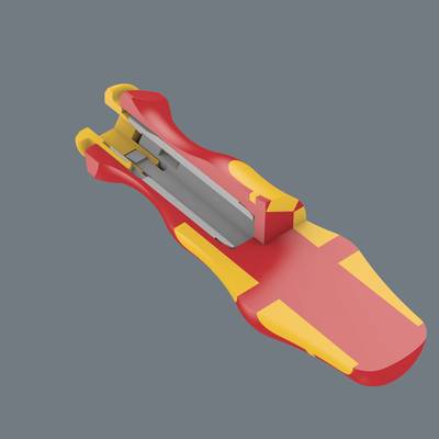 Ein gelbes und rotes 3D-Modell eines Raumfahrzeugs auf grauem Hintergrund, wahrscheinlich zur Veranschaulichung eines Designs.
