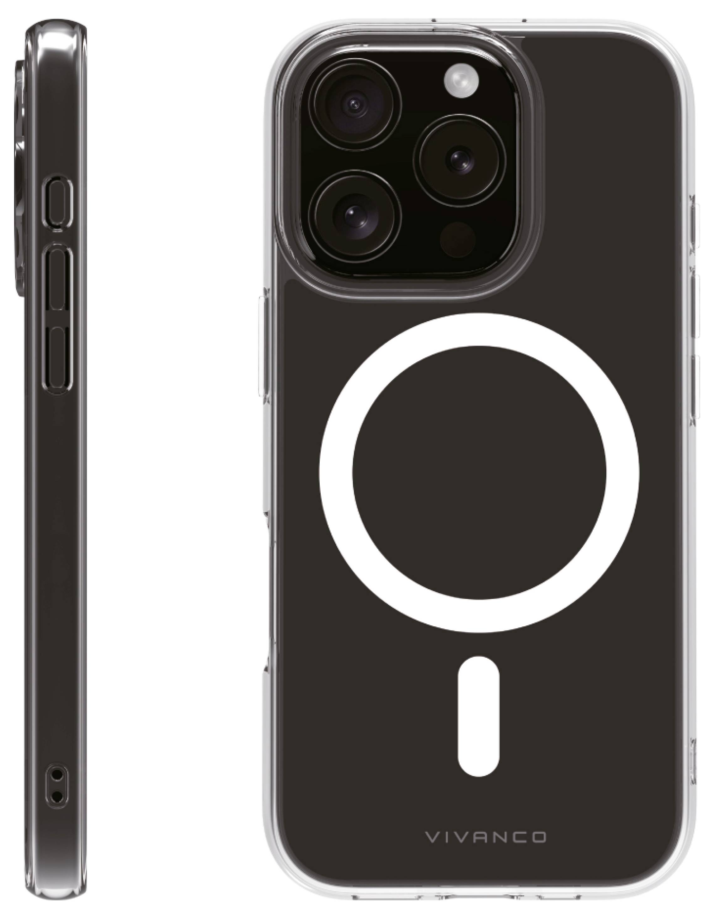 Smartphone-Hülle mit Aufdruck eines großen, weißen Kreises und Balkens, markiert mit 'VIVANCO'. Ansicht von hinten und seitlich.