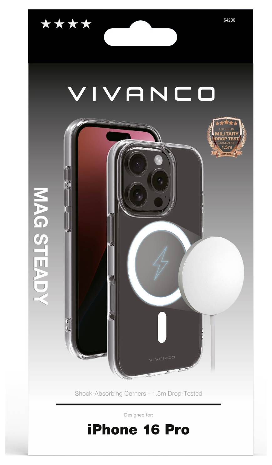 Verpackung eines Magnet-Telefonhalters für das iPhone 16 Pro mit stoßabsorbierenden Ecken und militärischem Schutzstandard.