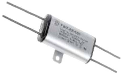 Silberner zylindrischer Kondensator mit zwei herausragenden Anschlussdrähten, geeignet für elektronische Schaltungen.