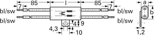 Diagramm eines elektronischen Bauteils mit Maßen und Anschlusskabeln, beschriftet mit Zahlen in Millimetern, zeigt Montageansicht und Abmessungen.