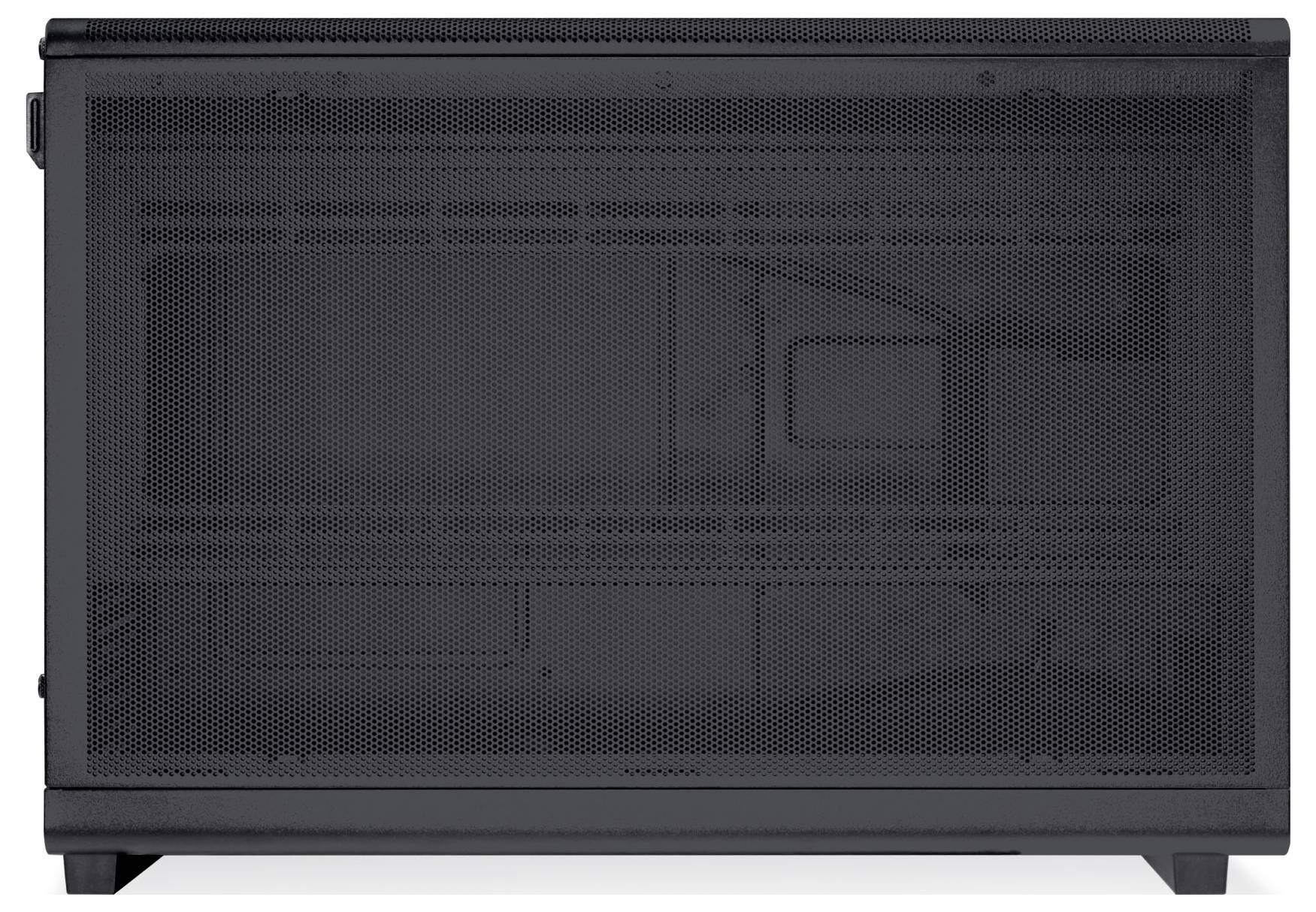 Schwarzmetallisches, rechteckiges Gehäuse mit perforierten Front- und Seitenscheiben, geeignet für elektronische Geräte oder Server.