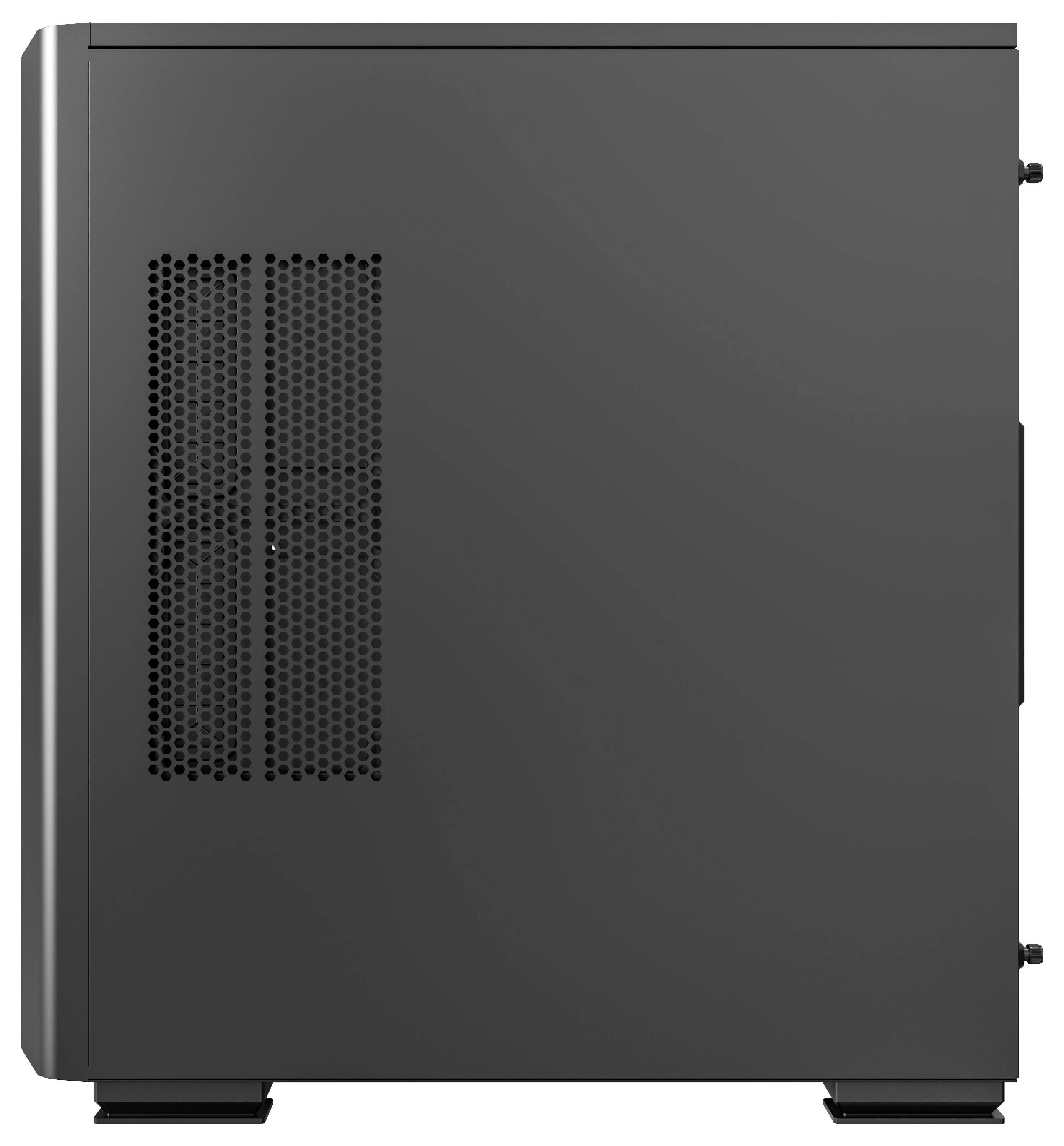 Schwarzes Computergehäuse mit seitlichem Lüftungsgitter; schlichtes, rechteckiges Design ohne sichtbare Marken.