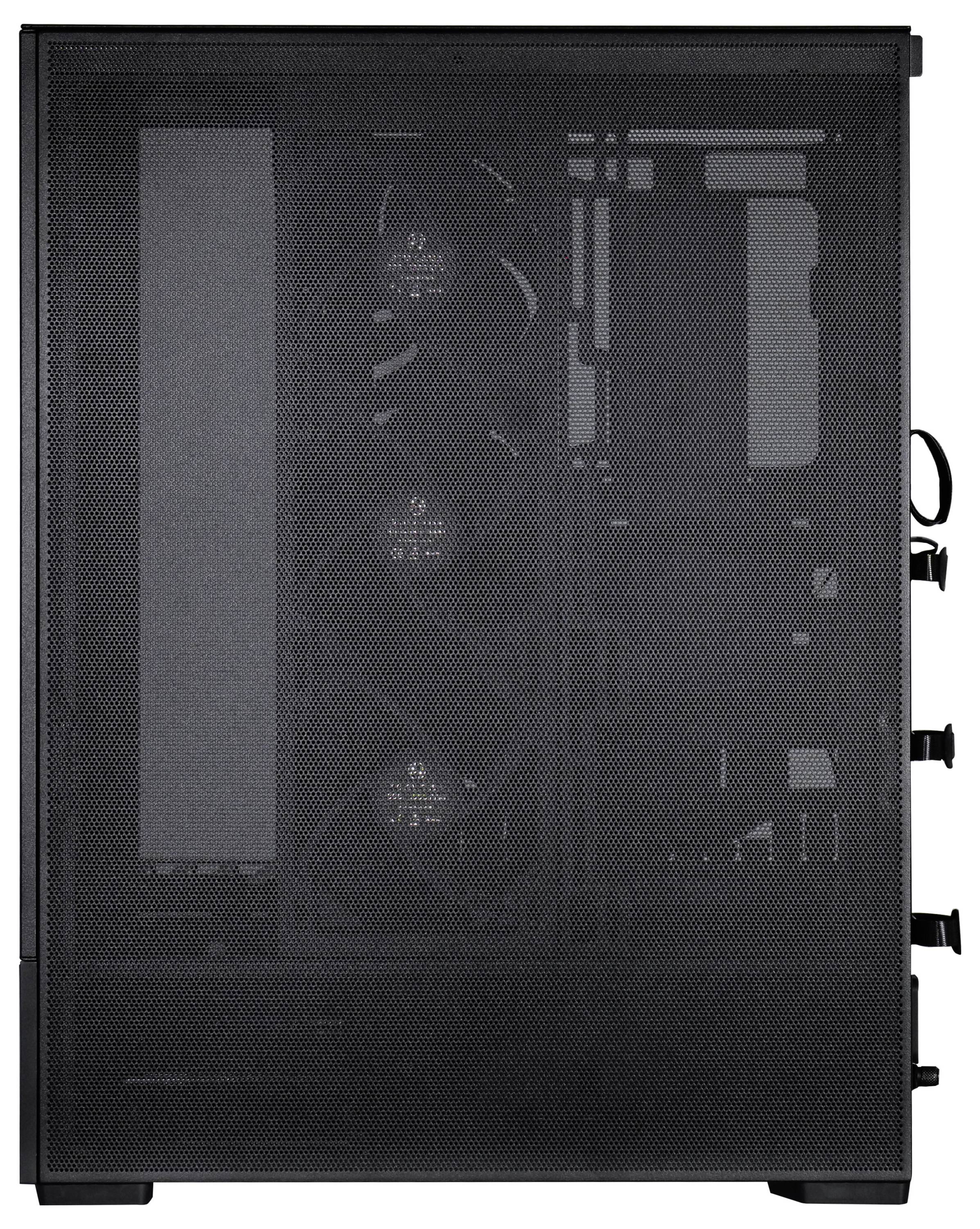 Computergehäuse mit drei sichtbaren Lüftern hinter einer durchsichtigen Frontabdeckung, seitliche Schalter und Anschlüsse.