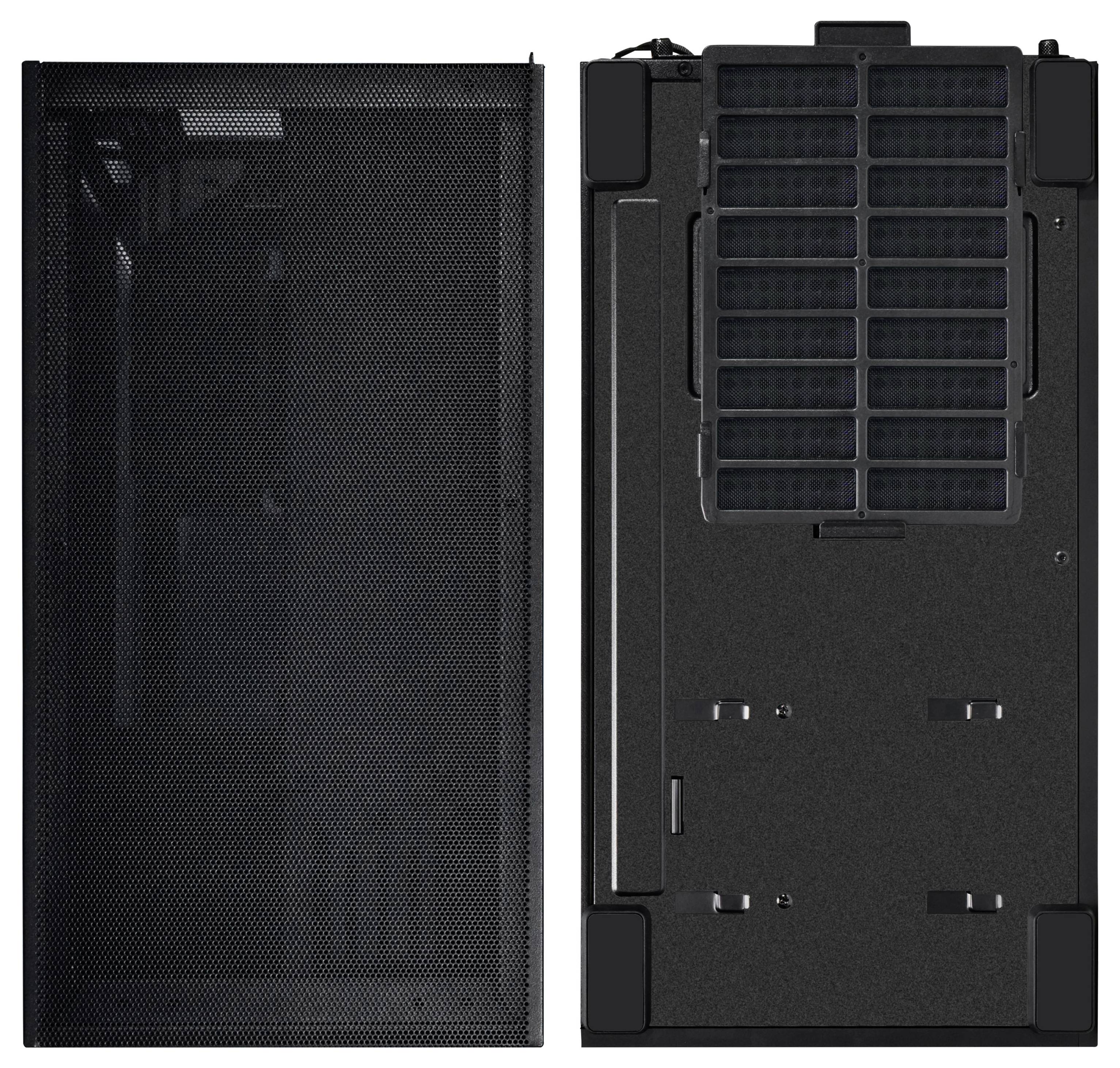 'Zwei schwarze Computergehäuse, eines von vorne, das andere von hinten mit sichtbaren Belüftungsgittern.'