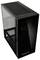 Schwarzes PC-Gehäuse aus Glas mit belüftetem Deckel, Seitenfenster und Frontanschlussmöglichkeiten. Geeignet für Gaming-PCs.