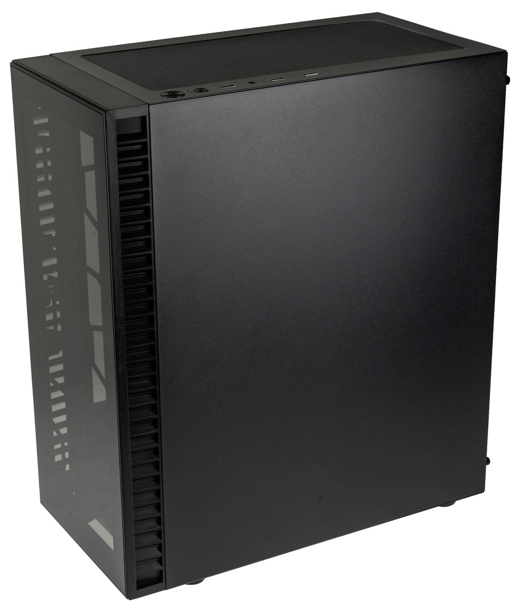 Schwarzes Computergehäuse mit seitlichem Lüftungsgitter und Anschlüssen auf der Oberseite. Minimalistisches Design ohne sichtbare Markenlogos.