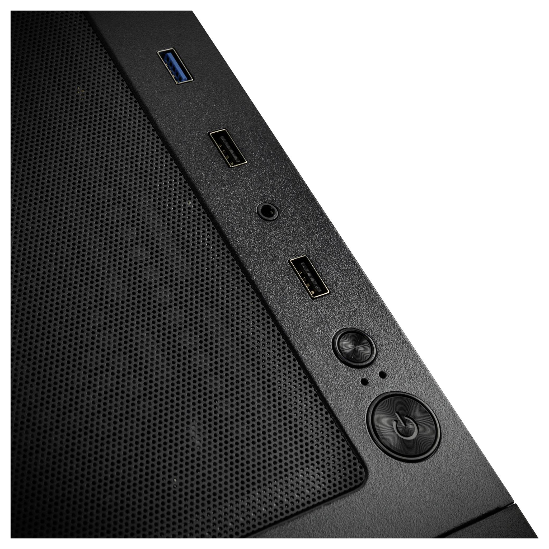 'Schwarzes PC-Gehäuse mit mehreren USB-Anschlüssen, einem Audioanschluss und einem runden Ein-/Aus-Schalter auf der Oberseite.'