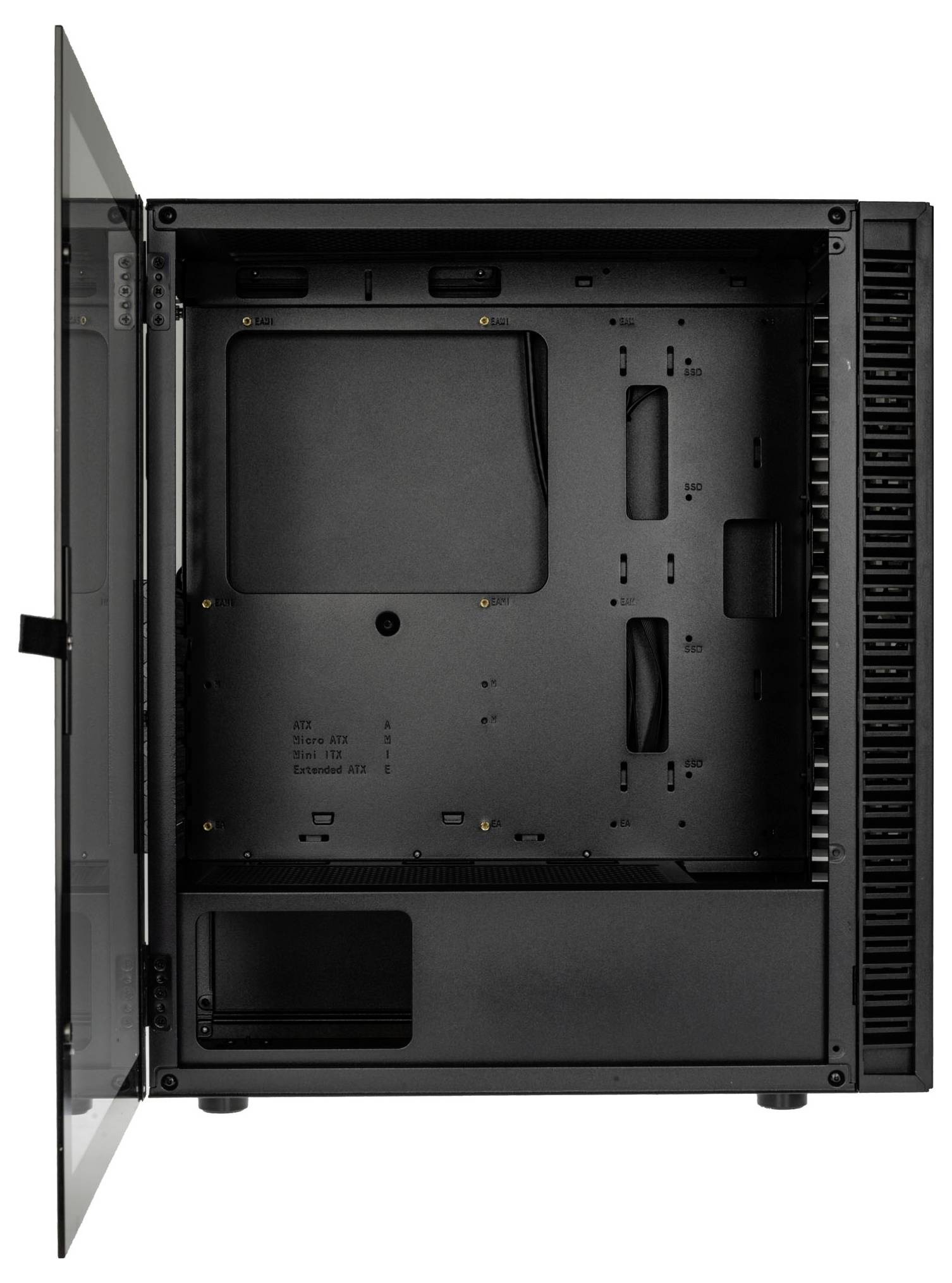 Schwarzes Computergehäuse mit transparentem Glasfenster, geöffnete Tür; Innenansicht zeigt Platz für Hauptplatine und Kabelmanagement.