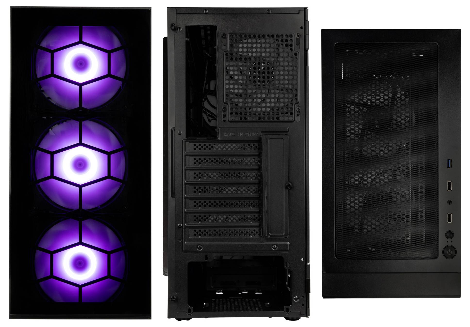 Ein Computergehäuse mit drei beleuchteten Lüftern an der Vorderseite. Rück- und Oberseite zeigen Belüftungselemente und Anschlüsse.