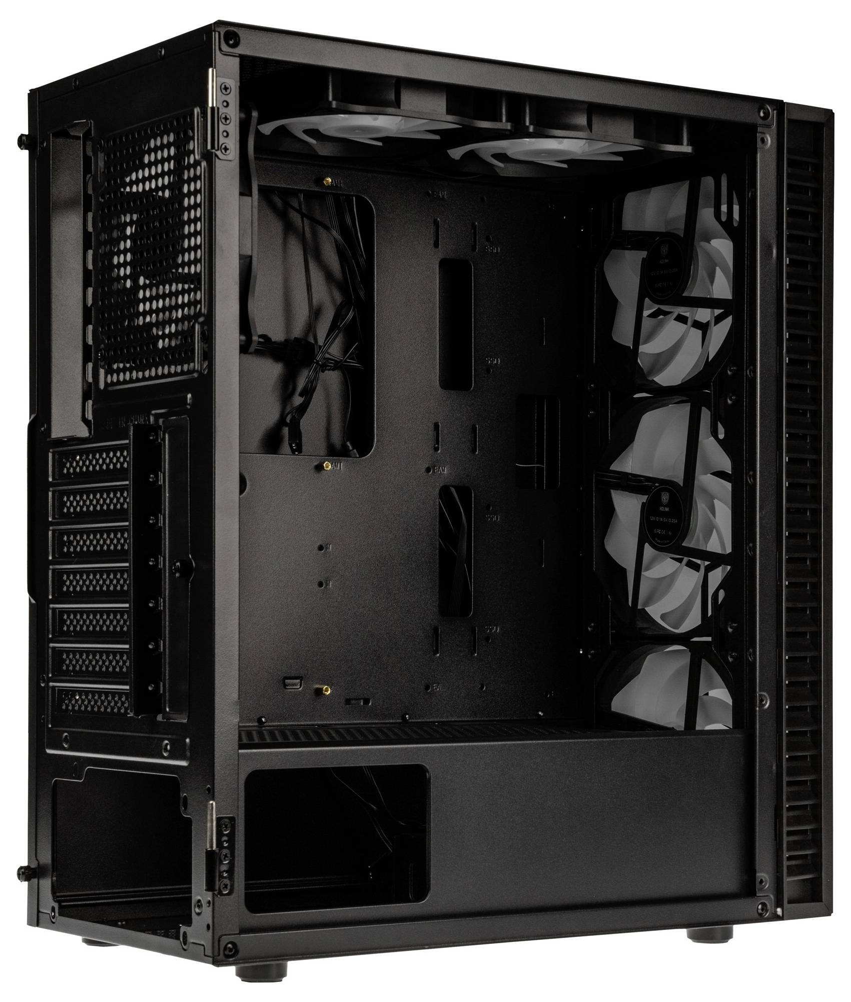 Leeres schwarzes Computergehäuse mit Belüftungsschlitzen und eingebauten Lüftern, geeignet für PC-Komponenteninstallation.