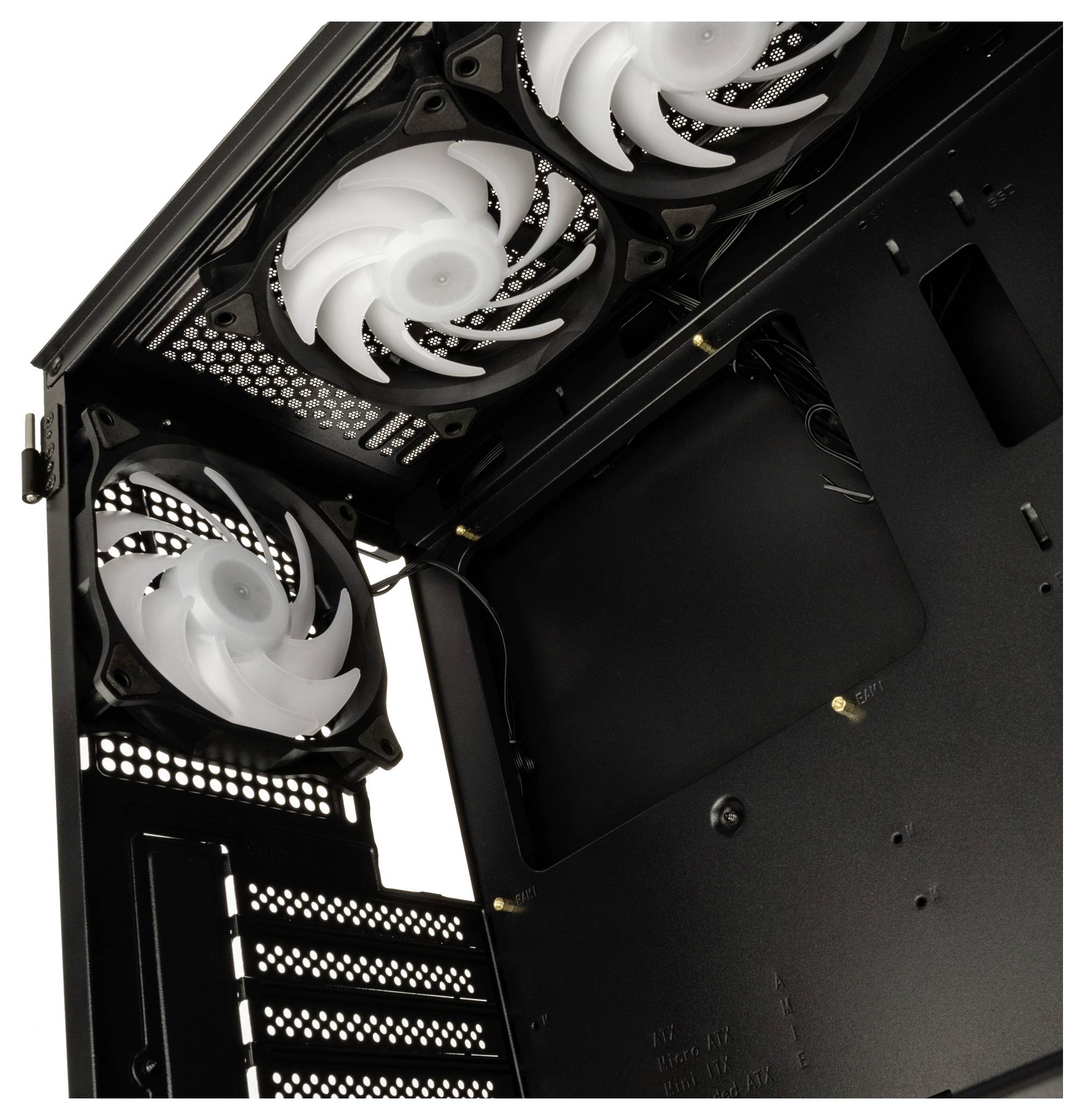 Schwarzes Computergehäuse-Innenansicht mit drei eingebauten Lüftern an der Oberseite und Rückseite, geeignet für leistungsstarke Kühlung.