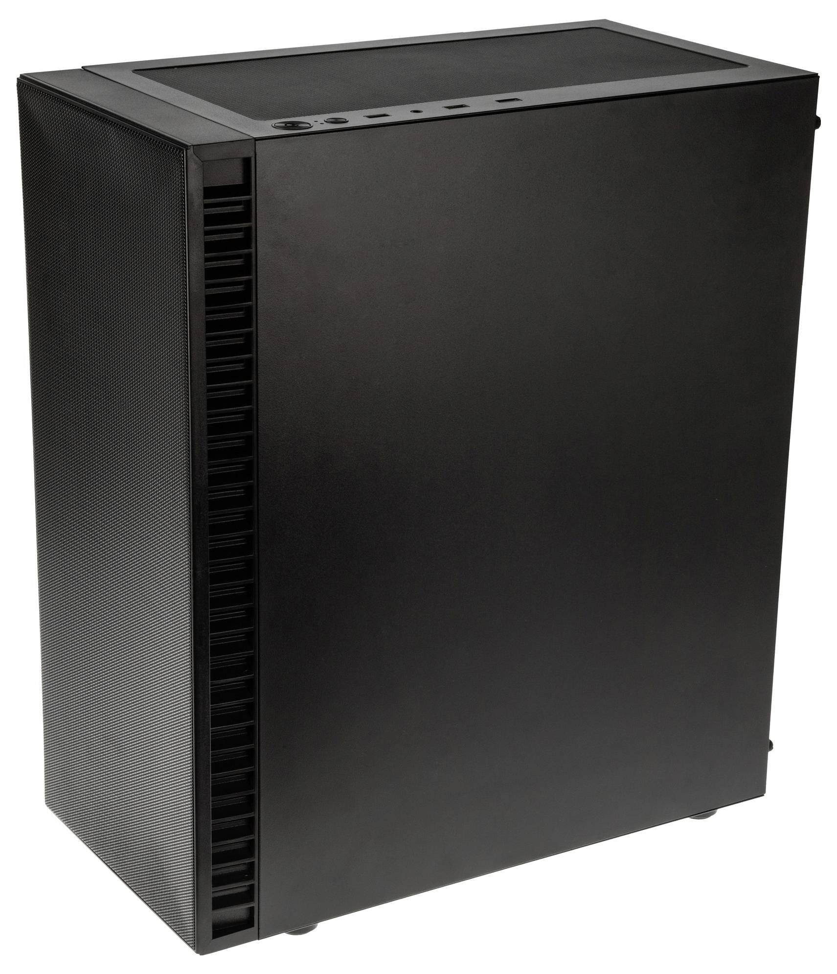 Ein schwarzes, minimalistisches Computergehäuse mit Belüftungsschlitzen und Anschlüssen an der Oberseite.