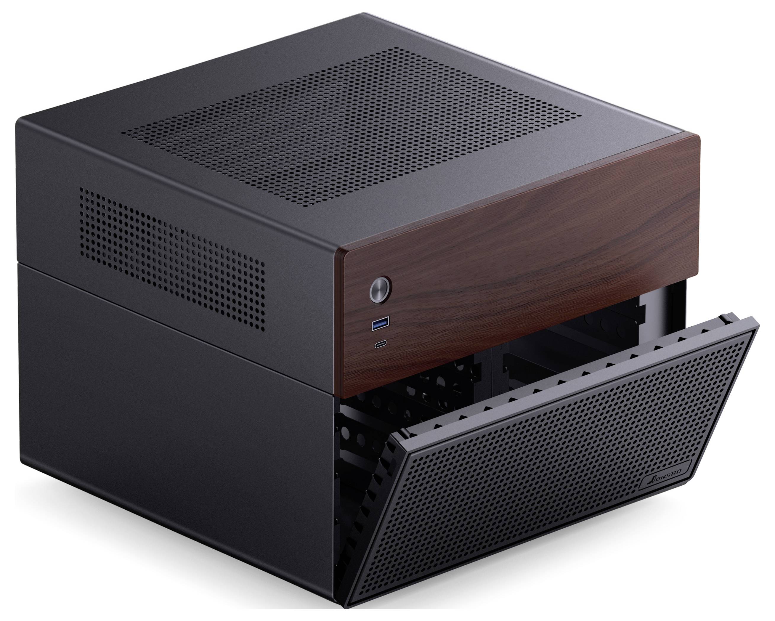 'Schwarzes Computergehäuse mit Holzfront, Frontpanel geöffnet. Zeigt Belüftungsschlitze und Anschlüsse an der Vorderseite.'