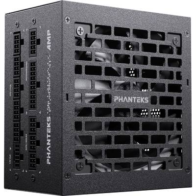 Schwarzes Computer-Netzteil von Phanteks mit Lüftungsgitter und Anschlüssen auf der Seite, geeignet für Gaming- und Hochleistungs-PCs.