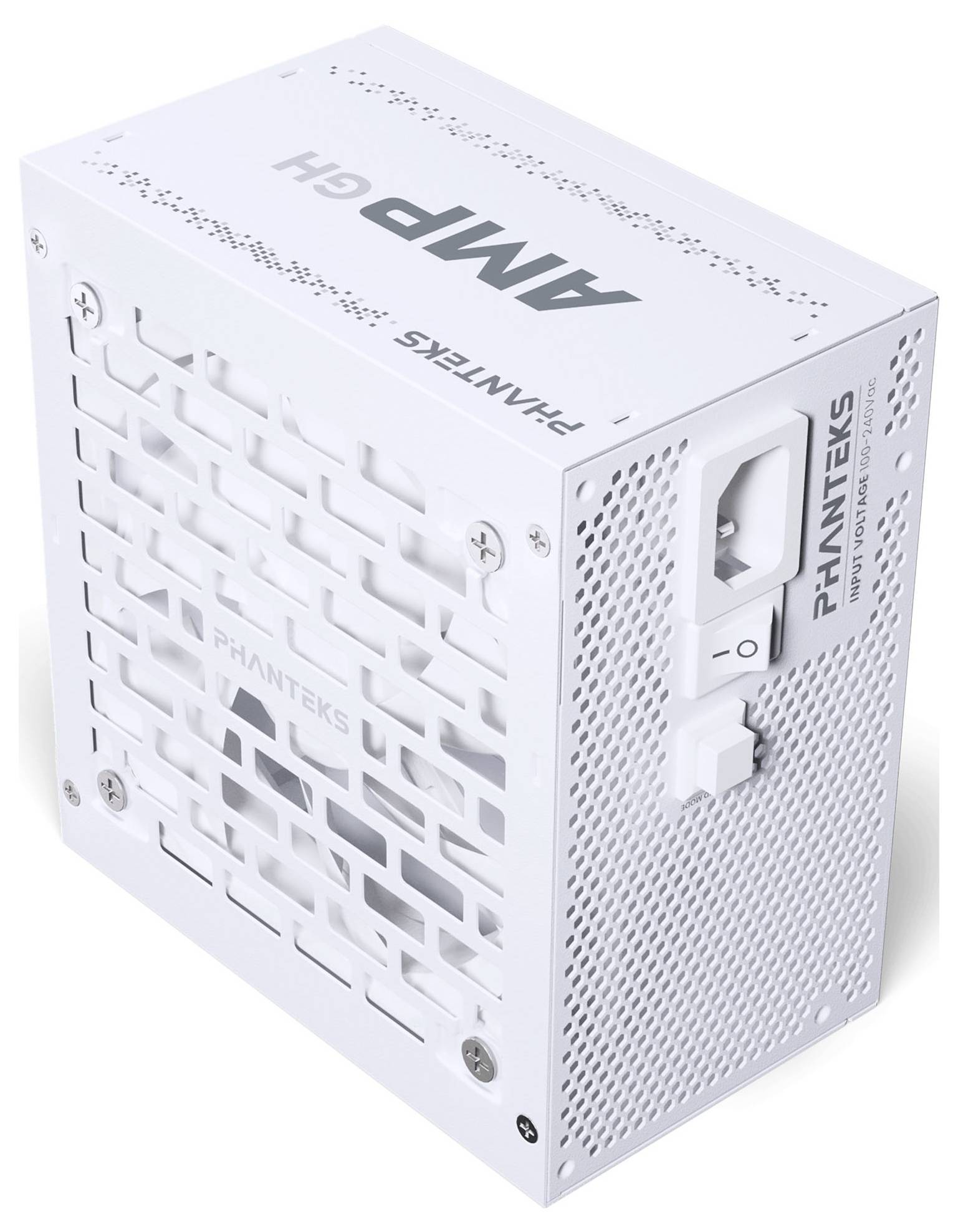 Ein weißes PC-Netzteil der Marke Phanteks, Modell AMP 6H, mit Lüftungsgitter und An- und Ausschalter an der Seite.