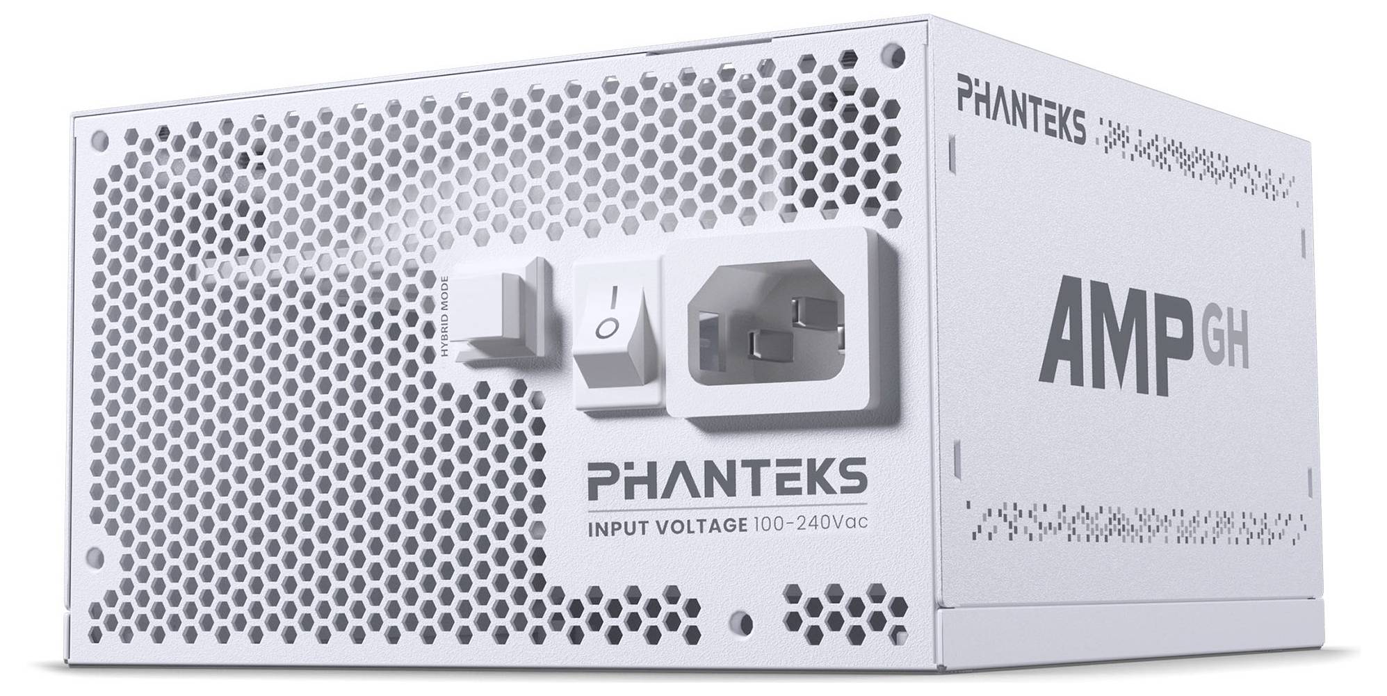Weiße Phanteks AMP GH Netzteilrückseite mit Lüftungsschlitzen, Netzkabelanschluss und Ein-/Ausschalter.
