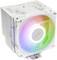 Ein weißer CPU-Kühler für Computer mit einem zentralen Lüfter, der bunte RGB-Beleuchtung aufweist und für eine effiziente Wärmeableitung in PCs konzipiert ist.