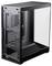 Schwarzes PC-Gehäuse mit transparentem Seitenteil, bietet Platz für mehrere Erweiterungskarten, Lüftergitter hinten sichtbar.