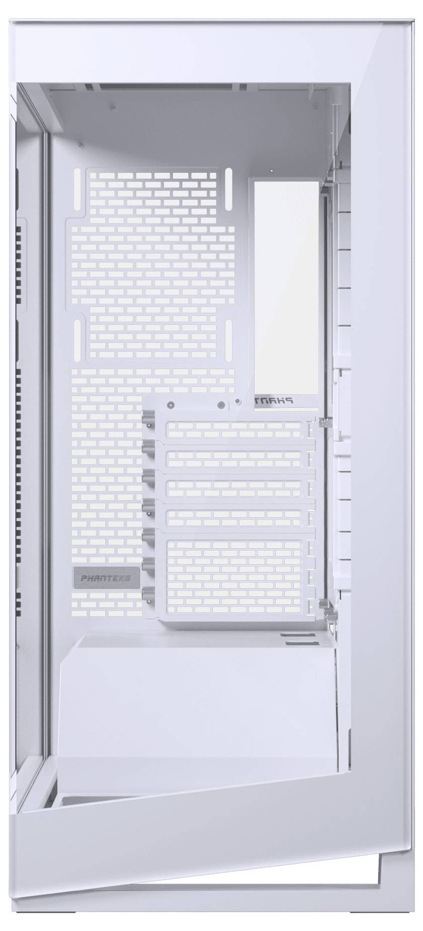 Weißes Computergehäuse mit mehreren Lüftungsschlitzen, transparentem Seitenpanel und Innenraum für Hardwarekomponenten.