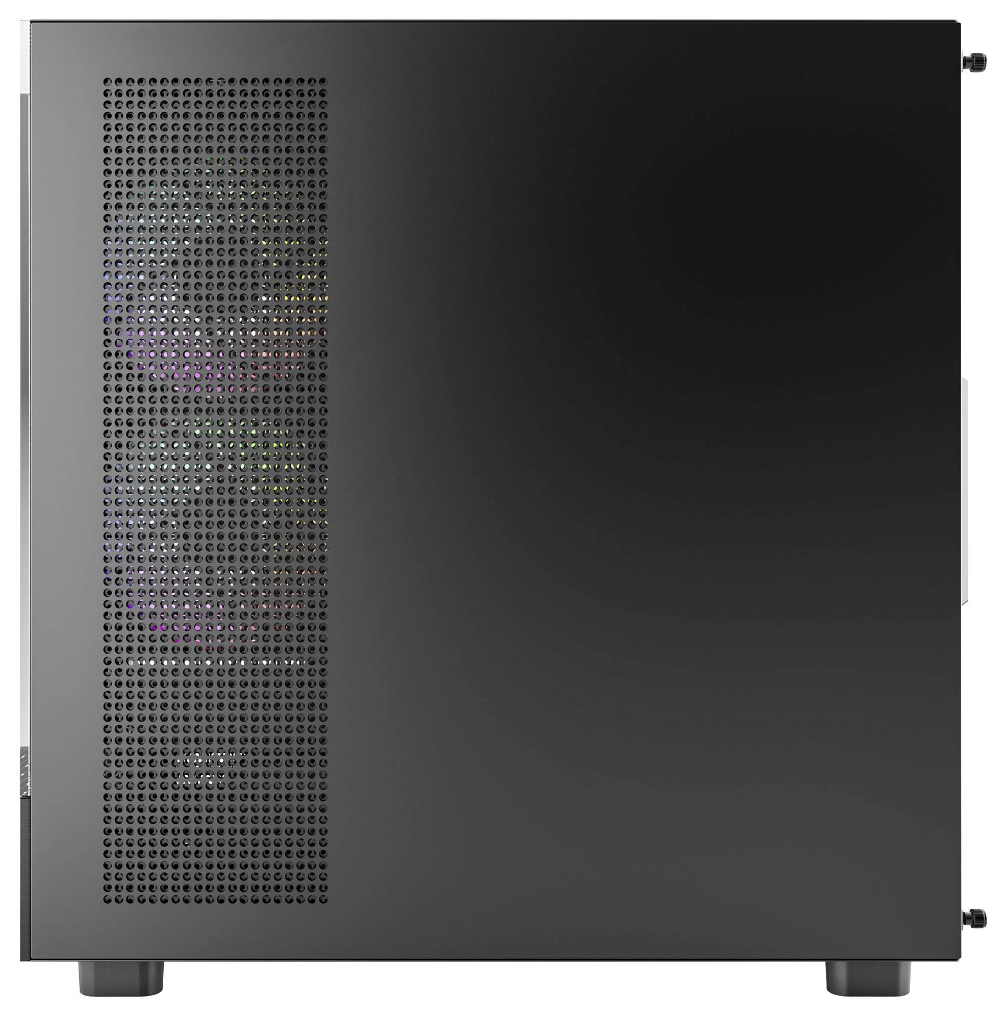 Ein schwarzes Computergehäuse mit einer Seitengitteröffnung, durch die bunte Lichter von innen sichtbar sind.