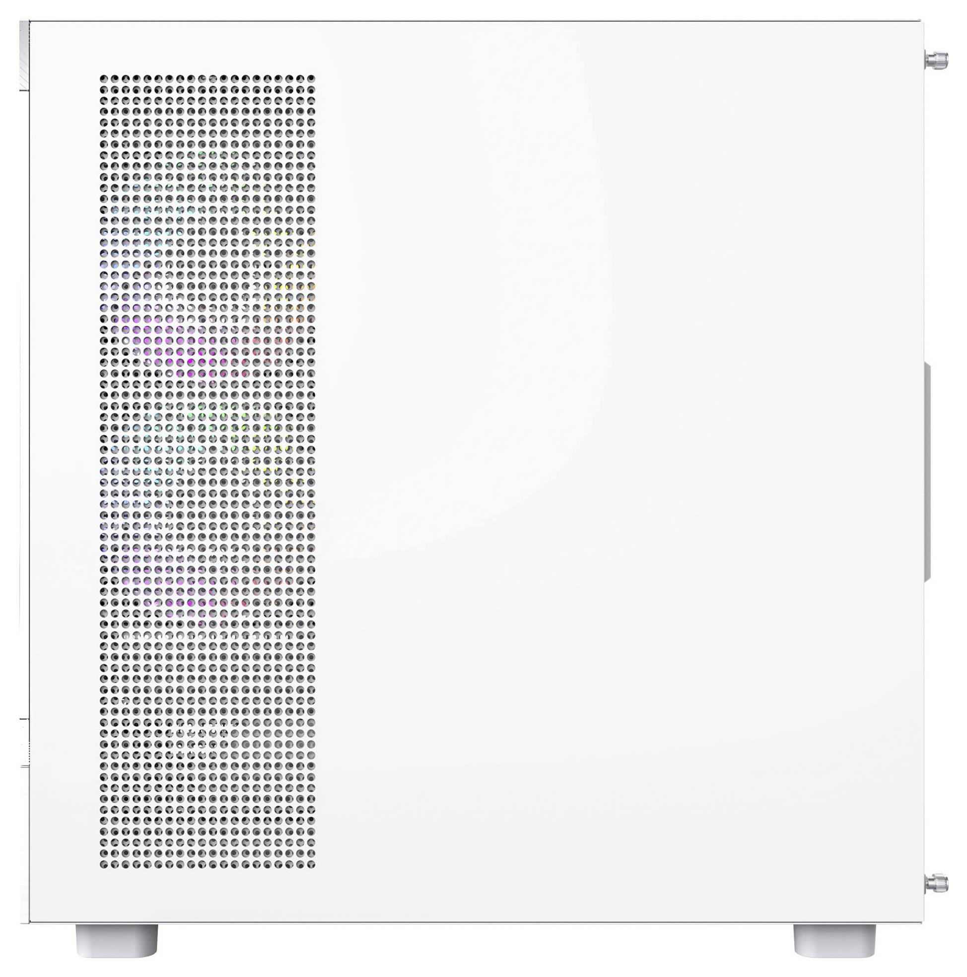 Weiße Computergehäuse-Seitenansicht mit seitlichem Lüftungsgitter.